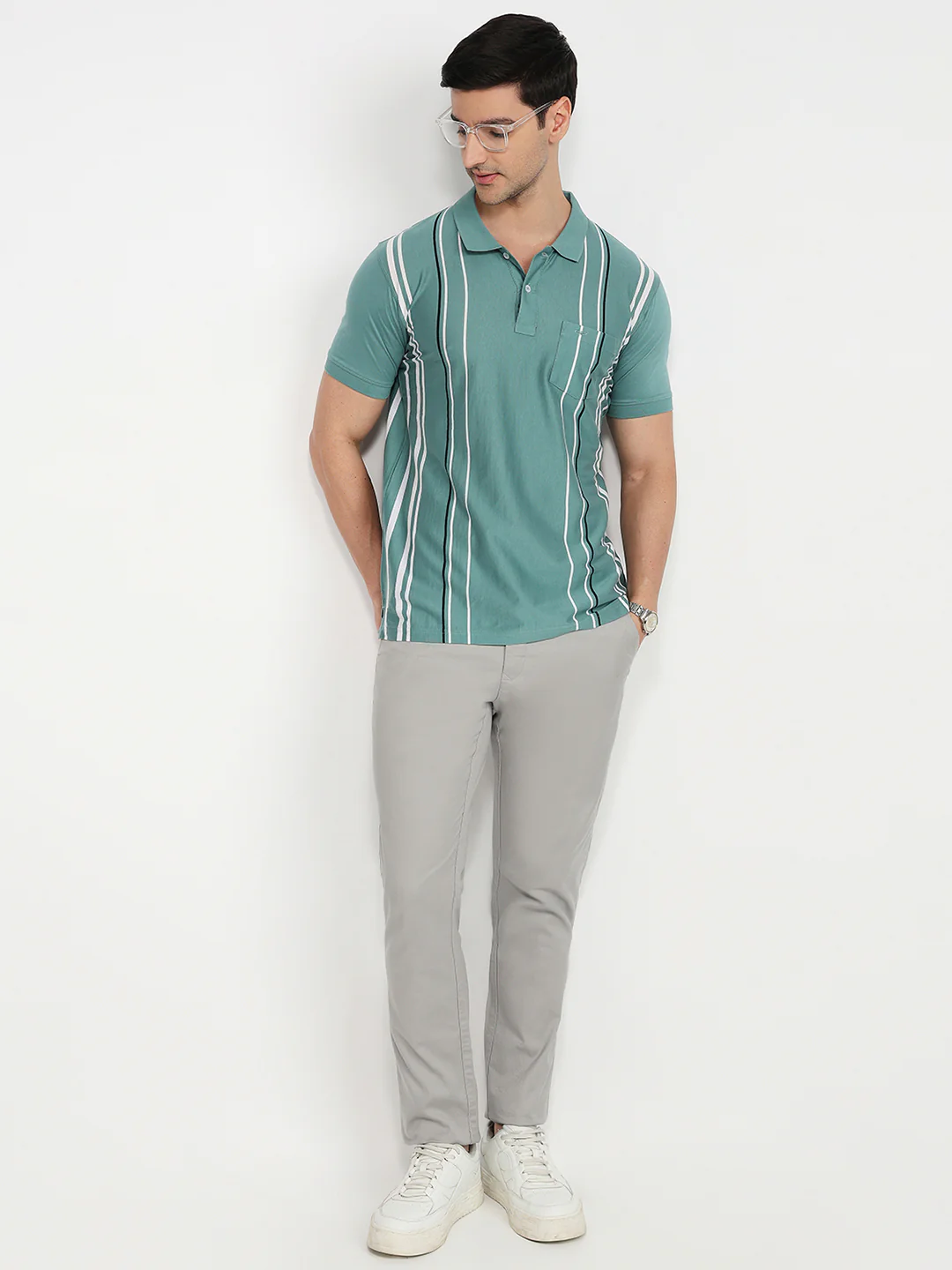 Colorplus Men Green Stripe Regular Fit Cotton T-shirt - Image 5