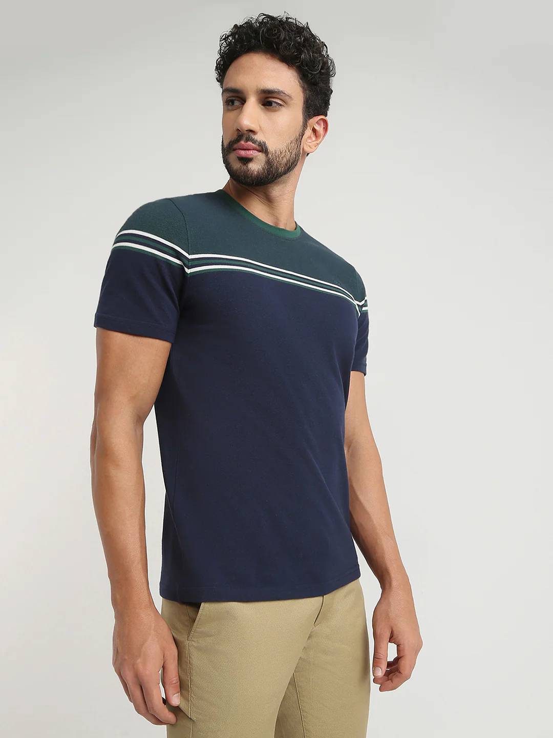 ColorPlus Men Green Stripe Regular Fit Cotton T-Shirt - Image 2