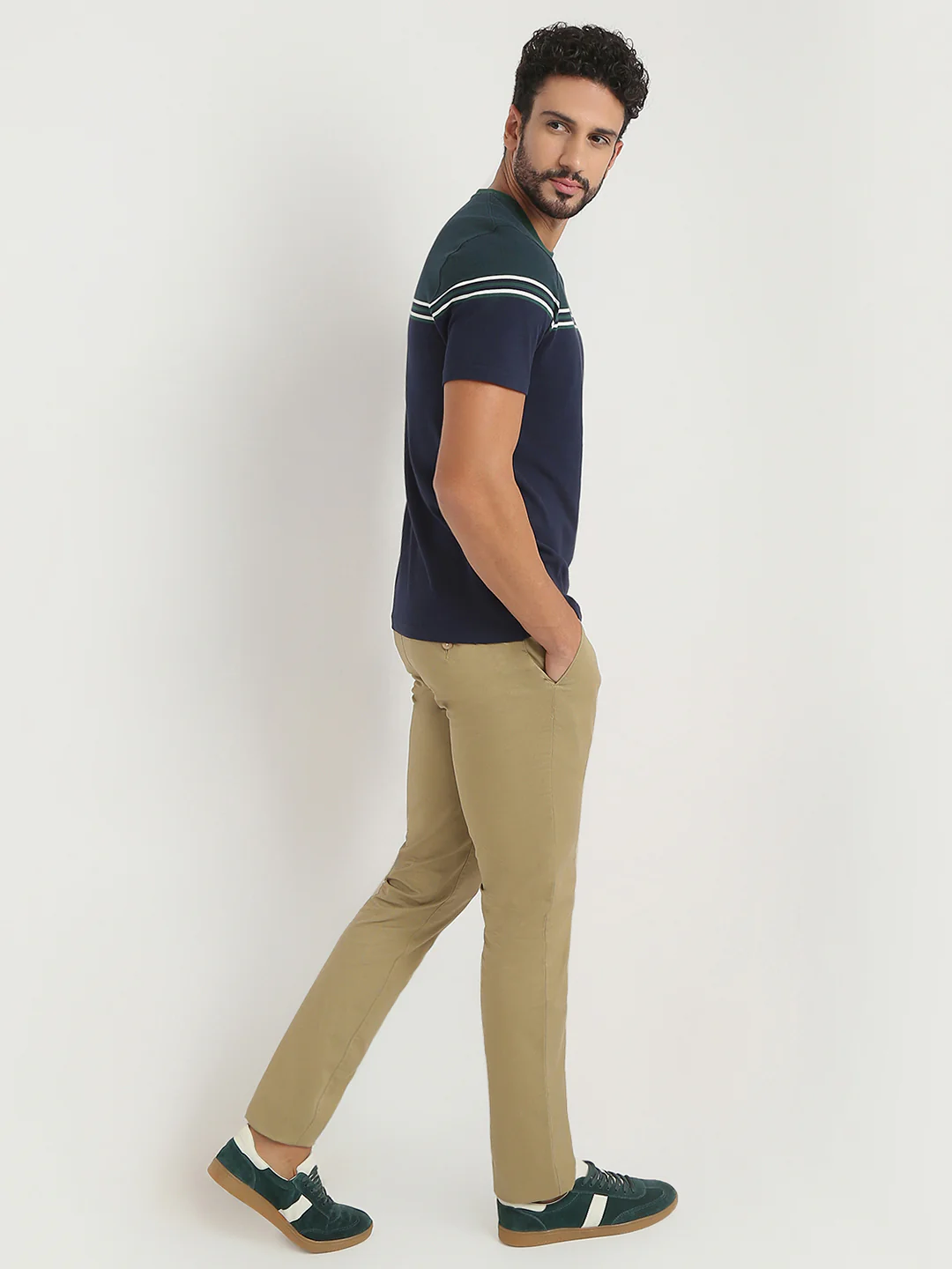 ColorPlus Men Green Stripe Regular Fit Cotton T-Shirt - Image 5