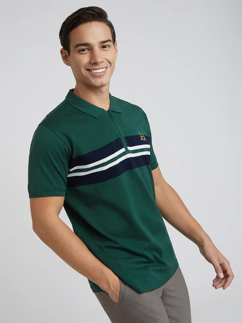 Colorplus Men Green Stripe Regular Fit Cotton T-Shirt - Image 2