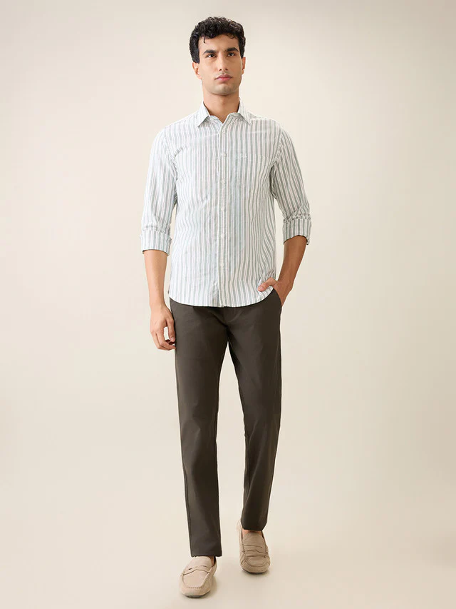 Colorplus Men Green Stripe Slim Fit Cotton Casual Shirt - Image 5