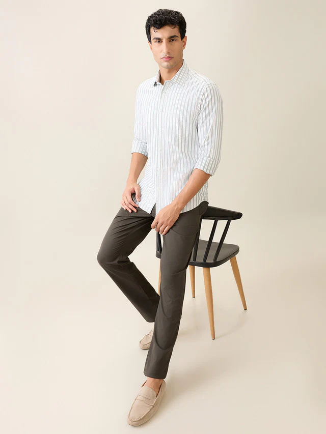 Colorplus Men Green Stripe Slim Fit Cotton Casual Shirt - Image 6