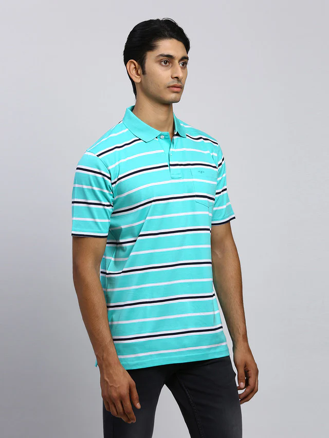 Colorplus Men Green Striped Classic Fit Half Sleeve Polo Neck T-Shirt - Image 2
