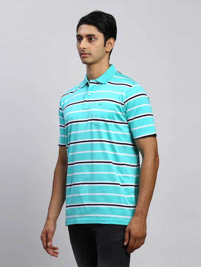 Colorplus Men Green Striped Classic Fit Half Sleeve Polo Neck T-Shirt - Image 3