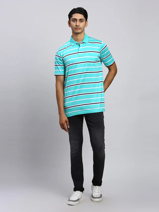Colorplus Men Green Striped Classic Fit Half Sleeve Polo Neck T-Shirt - Image 5