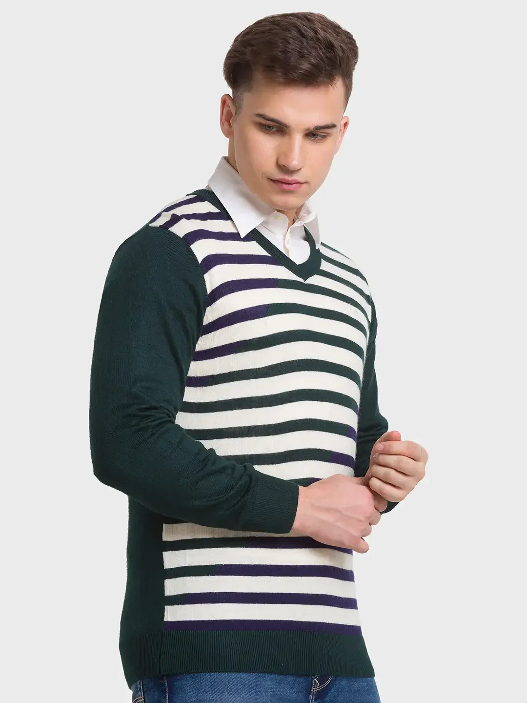 ColorPlus Men Green Tailored Fit Striped Acrylic Blend Full Sleeves V Neck Sweater - Image 2