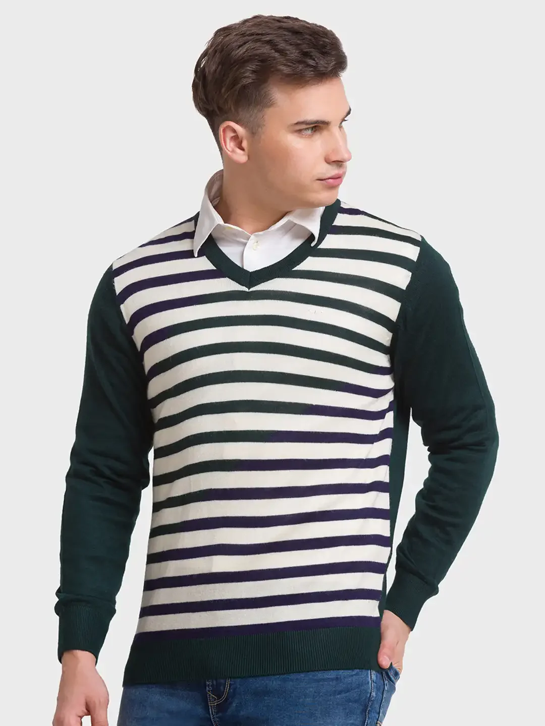 ColorPlus Men Green Tailored Fit Striped Acrylic Blend Full Sleeves V Neck Sweater - Image 3