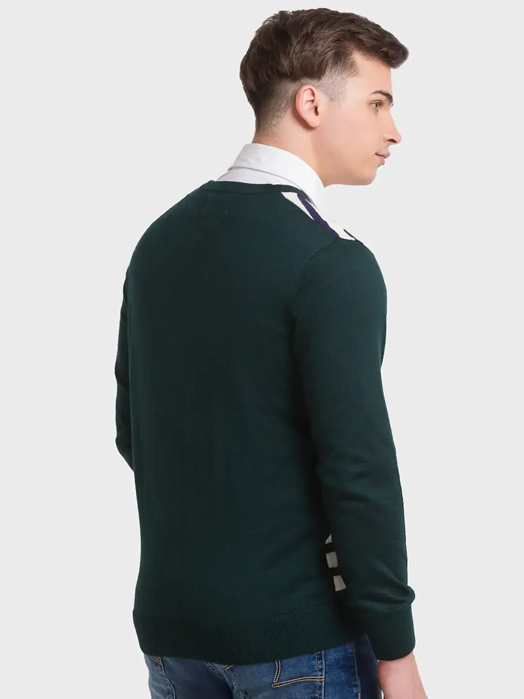 ColorPlus Men Green Tailored Fit Striped Acrylic Blend Full Sleeves V Neck Sweater - Image 4