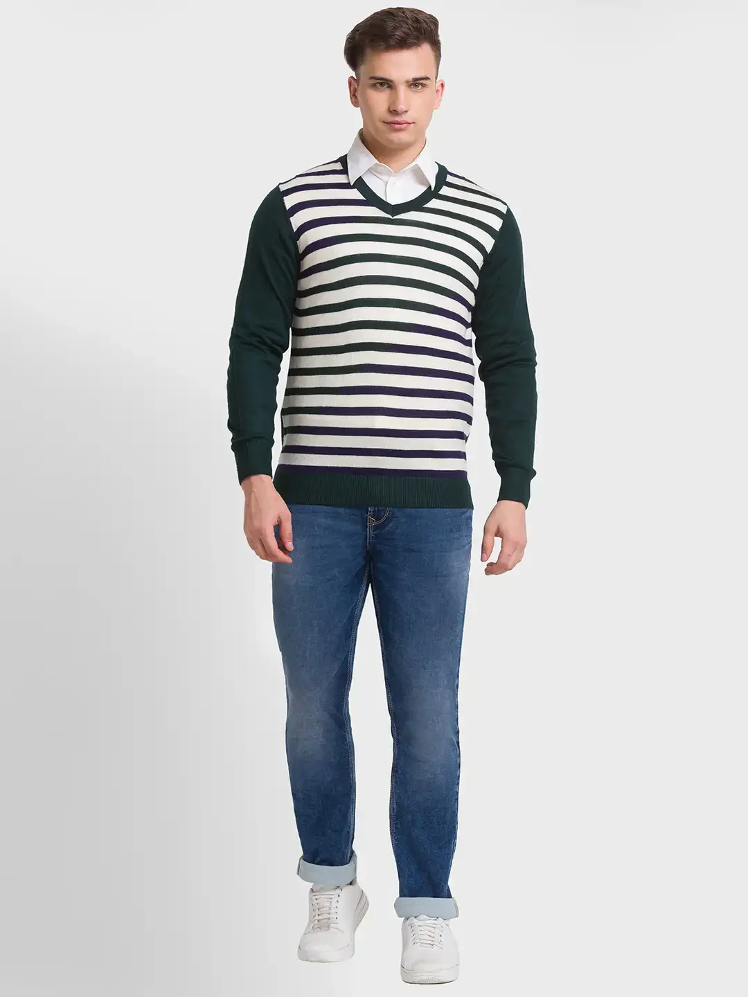 ColorPlus Men Green Tailored Fit Striped Acrylic Blend Full Sleeves V Neck Sweater - Image 5