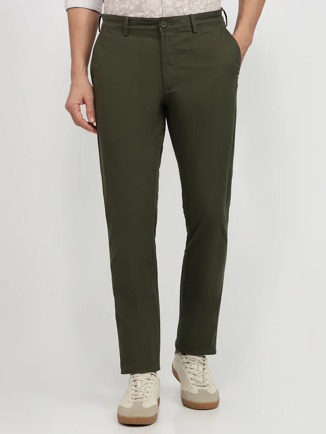 Colorplus Men Green Twill Slim Fit Cotton Blend Trouser