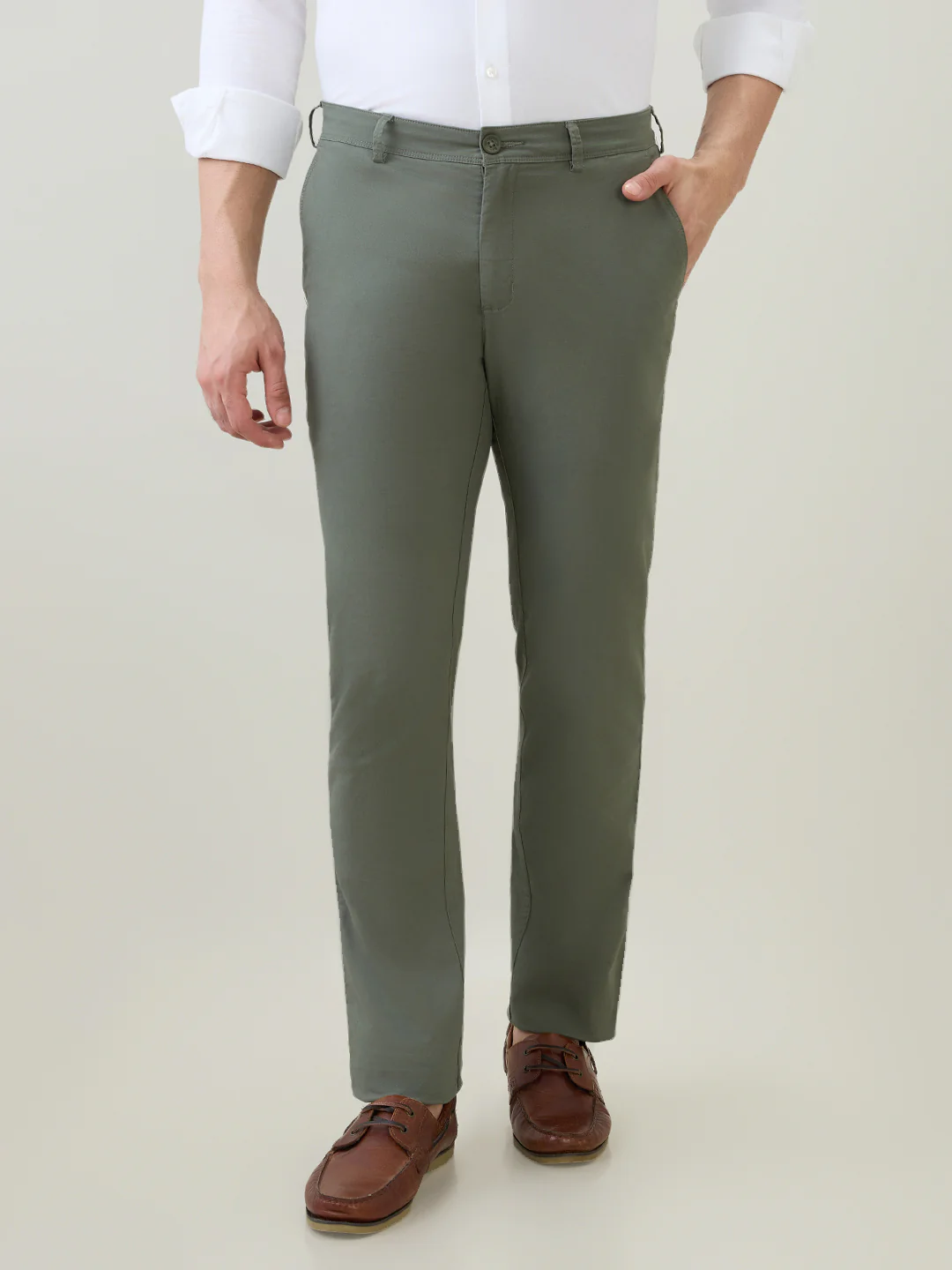 Colorplus Men Green Twill Slim Fit Cotton Blend Trouser