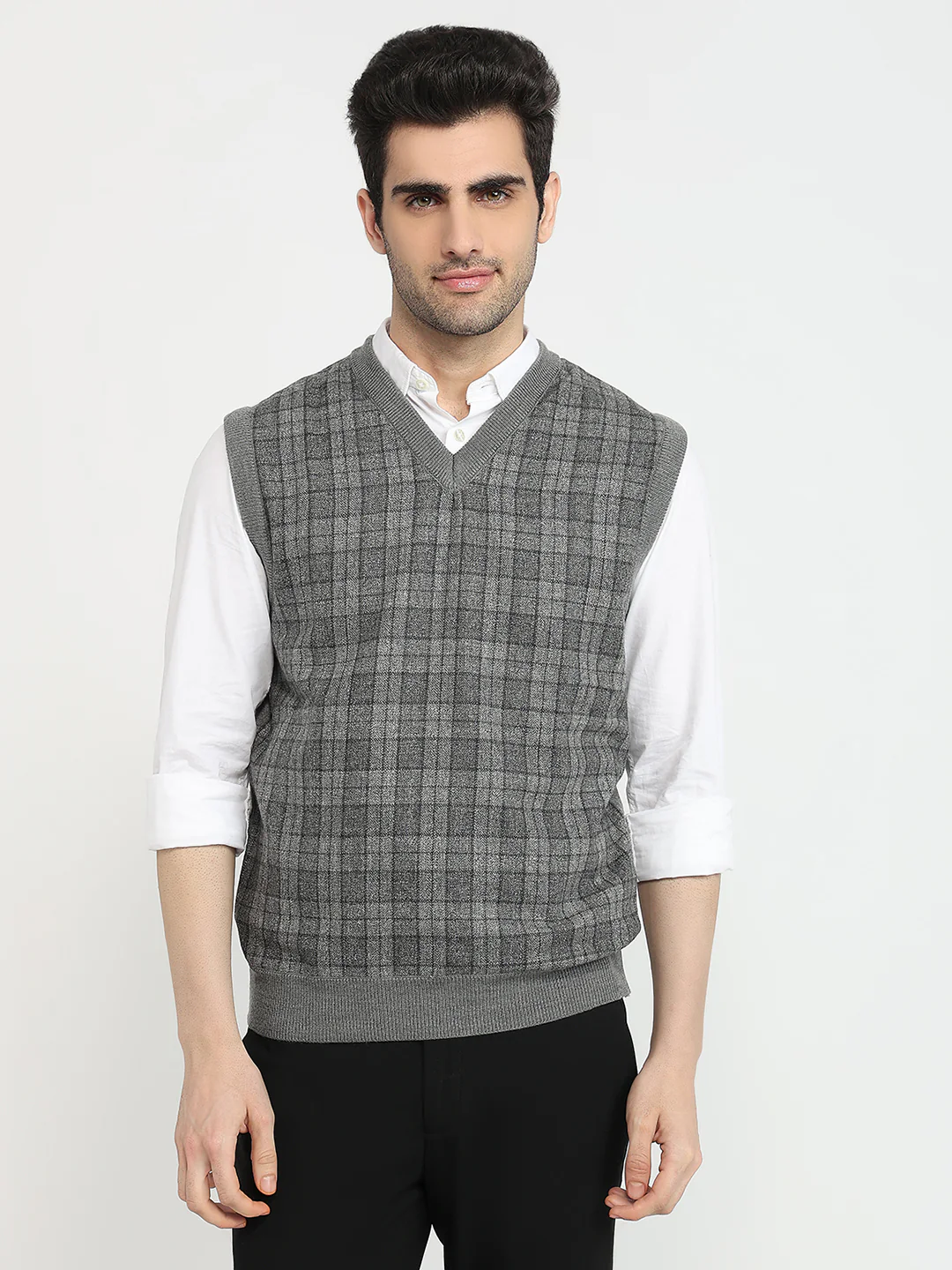Colorplus Men Grey Checks Regular Fit Acrylic Blend Sweatshirt
