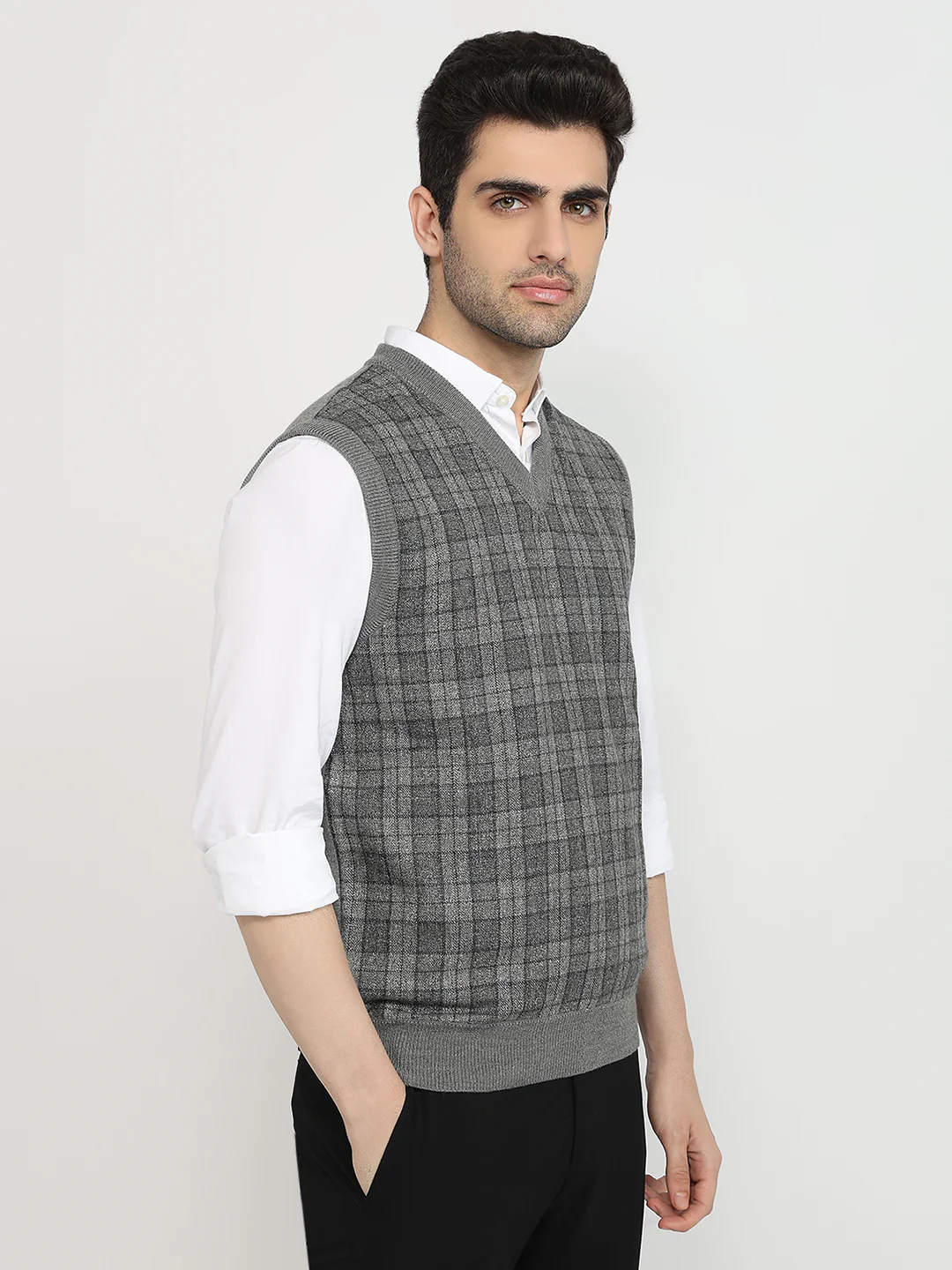 Colorplus Men Grey Checks Regular Fit Acrylic Blend Sweatshirt - Image 2
