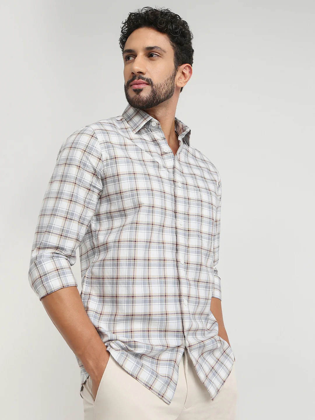 Colorplus Men Grey Checks Regular Fit Cotton Casual Shirt - Image 3