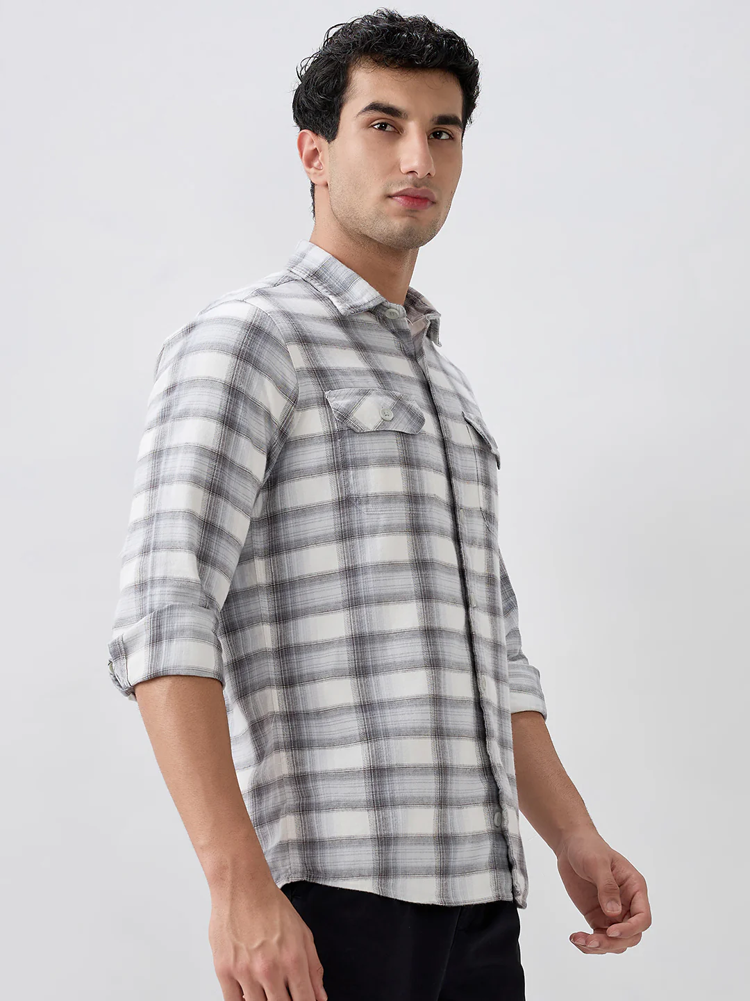 Colorplus Men Grey Checks Slim Fit Cotton Casual Shirt - Image 2