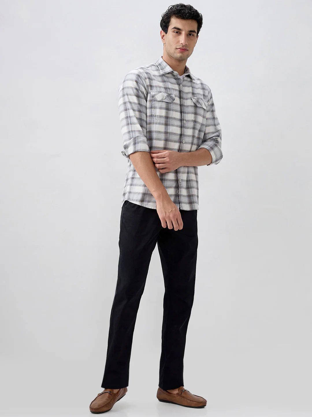 Colorplus Men Grey Checks Slim Fit Cotton Casual Shirt - Image 5