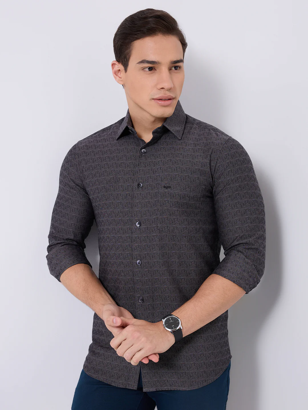 Colorplus Men Grey Jacquard Regular Fit Cotton Casual Shirt