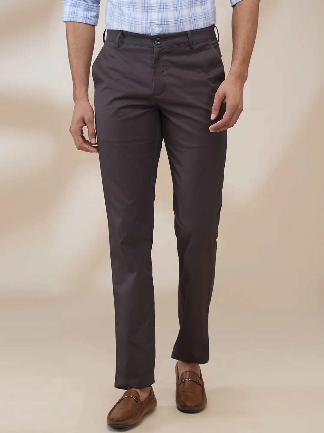 ColorPlus Men Grey Solid Piece Dyed Slim Fit Cotton Trouser