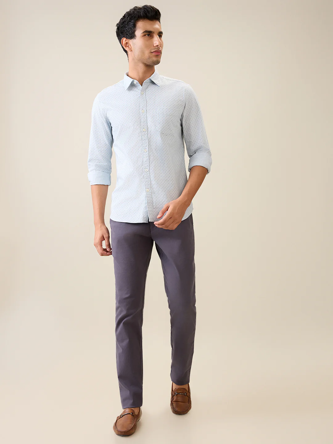 Colorplus Men Grey Solid Piece Dyed Super Slim Fit Flat Front Cotton Blend Trouser - Image 11
