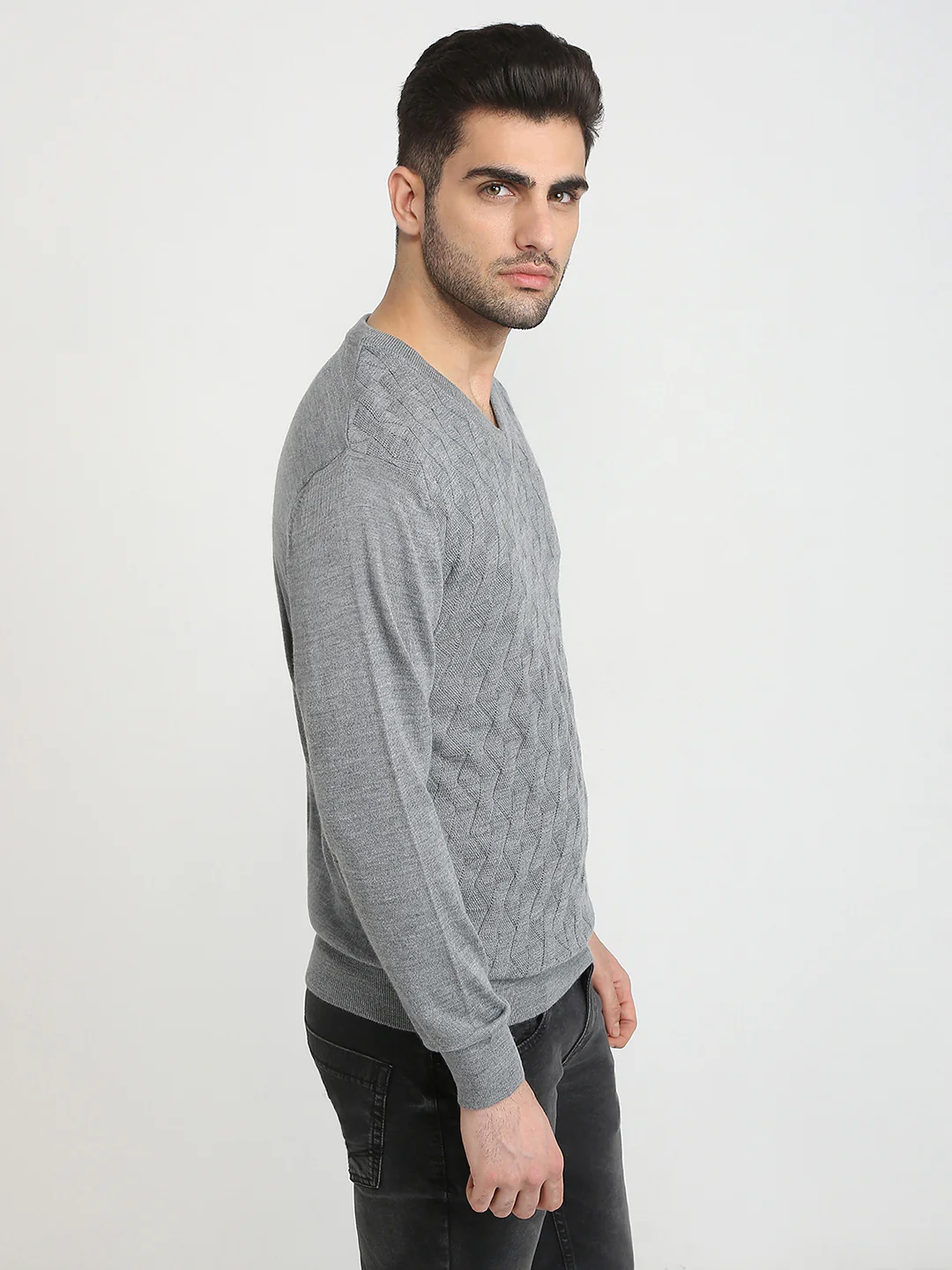 Colorplus Men Grey Solid Regular Fit Wool Blend Full Sleeve V Neck Collar Sweater - Image 3