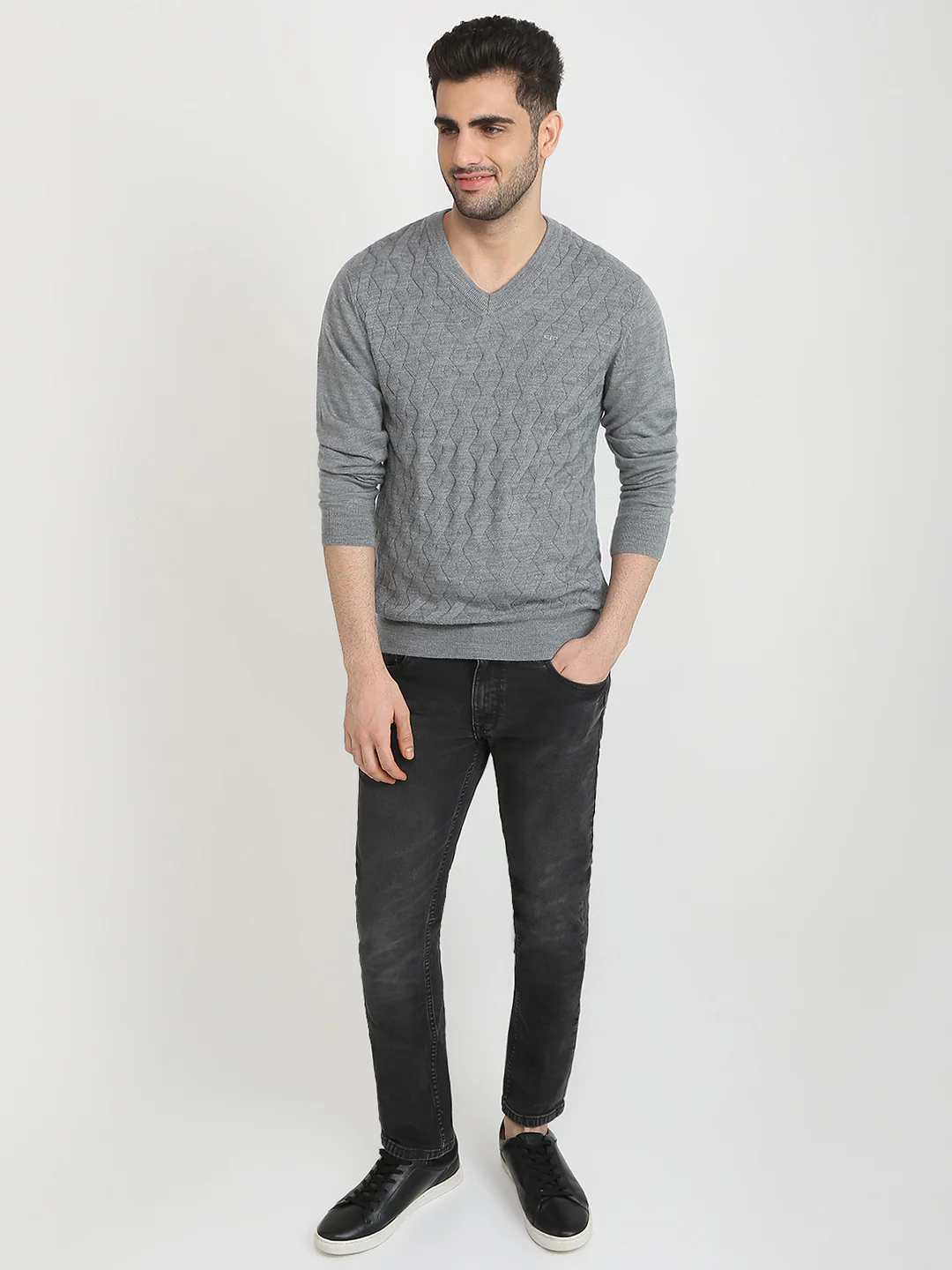 Colorplus Men Grey Solid Regular Fit Wool Blend Full Sleeve V Neck Collar Sweater - Image 5