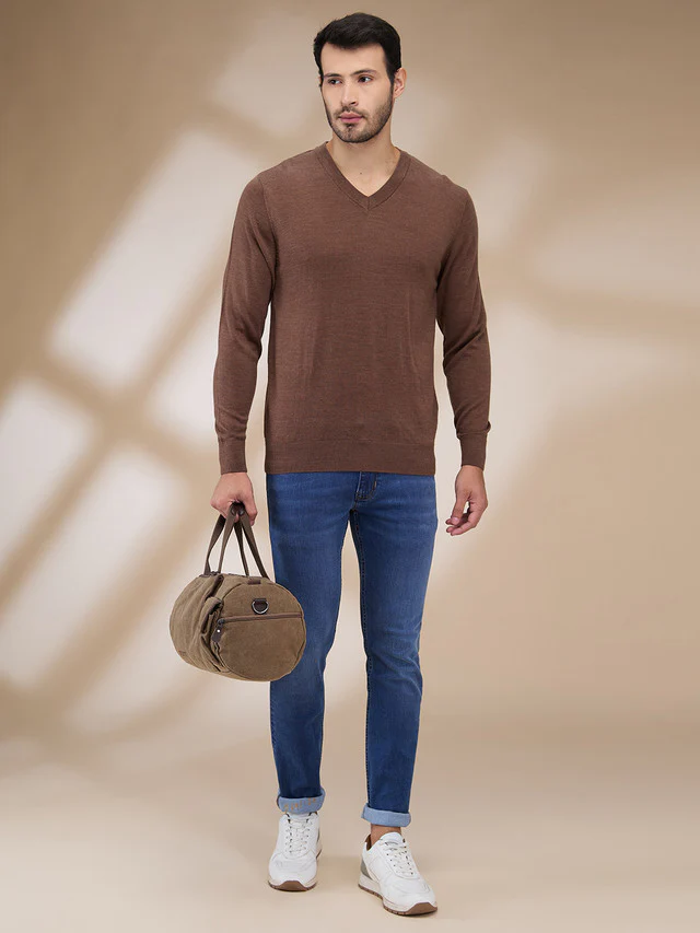 Colorplus Men Khaki Plain Regular Fit Wool Blend Sweater - Image 2