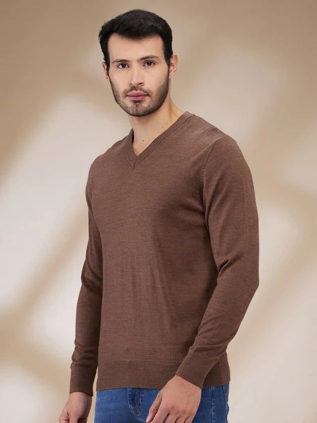Colorplus Men Khaki Plain Regular Fit Wool Blend Sweater - Image 3