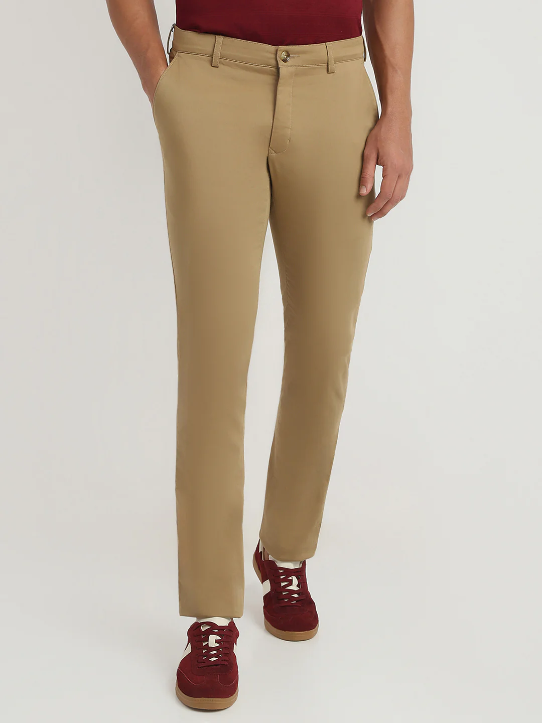 Colorplus Men Khaki Plain Slim Fit Cotton Blend Trouser