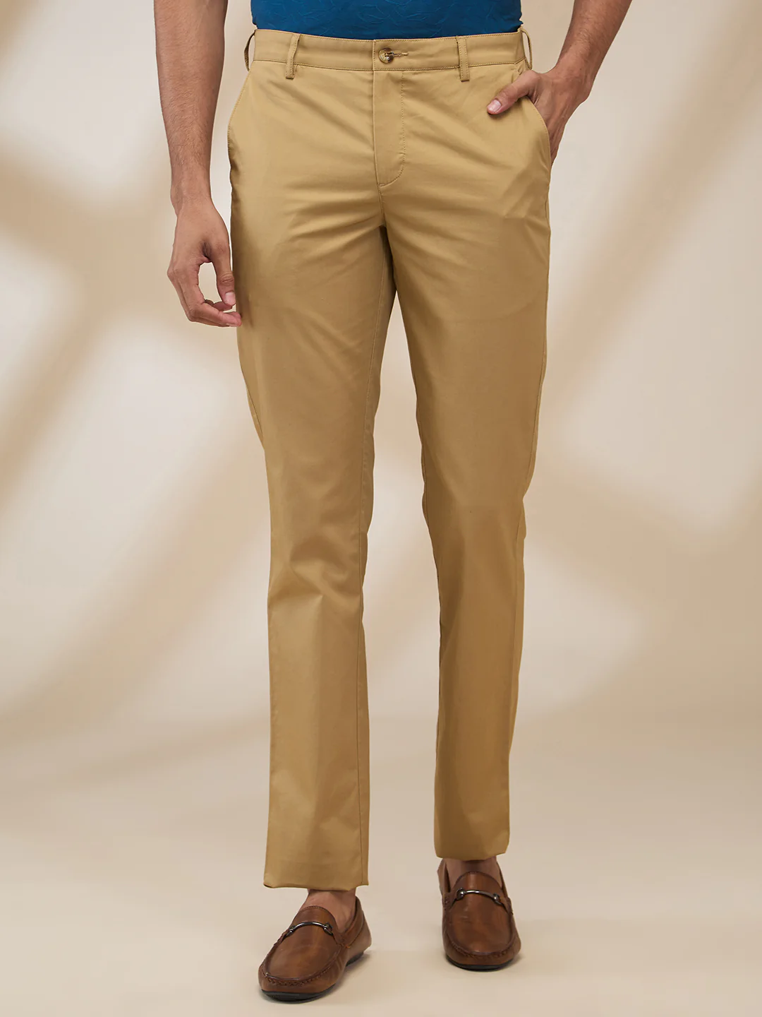 ColorPlus Men Khaki Solid Piece Dyed Comfort Fit Cotton Trouser