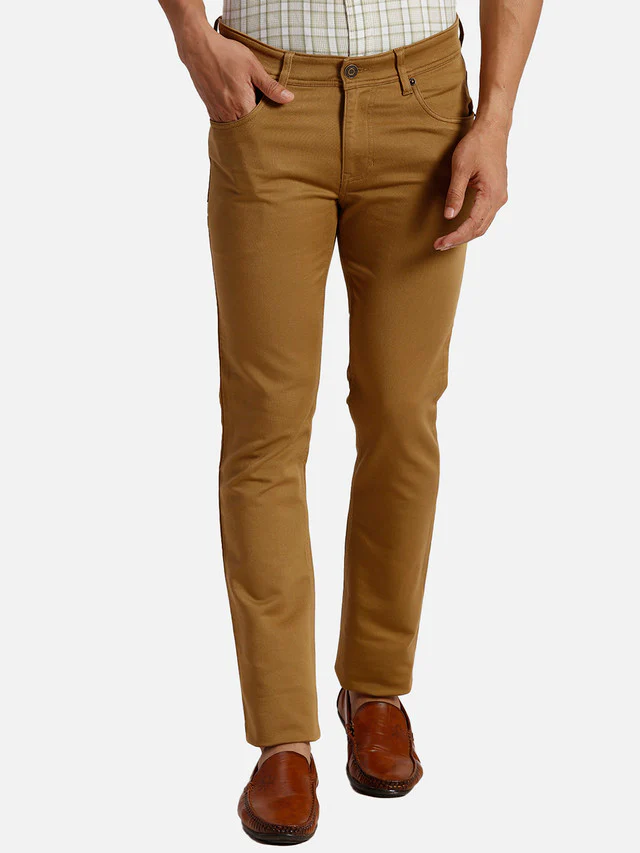 Colorplus Men Khaki Solid Piece Dyed Mid Rise Slim Fit Cotton Blend Trouser