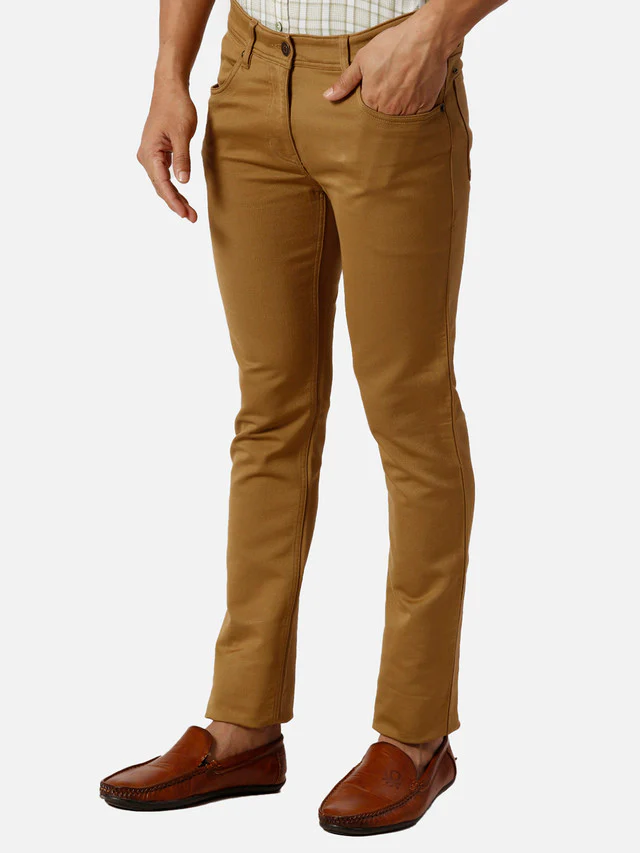 Colorplus Men Khaki Solid Piece Dyed Mid Rise Slim Fit Cotton Blend Trouser - Image 3