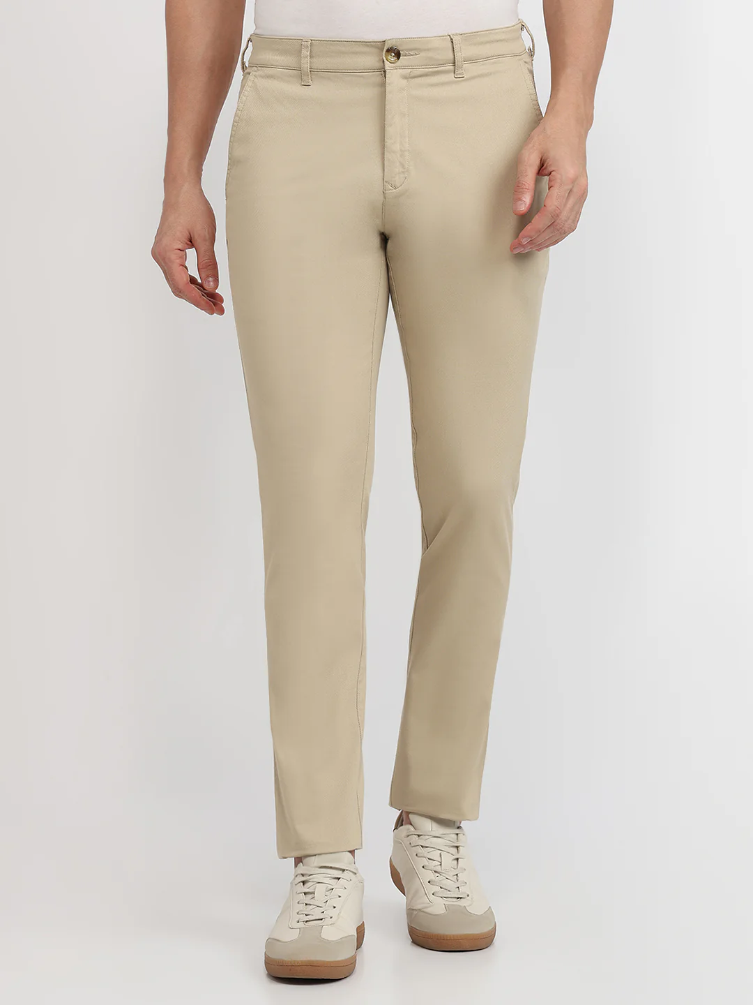 Colorplus Men Khaki Solid Piece Dyed Slim Fit Cotton Blend Trouser