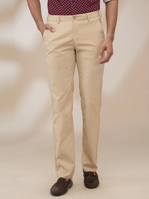 Colorplus Men Khaki Solid Piece Dyed Slim Fit Cotton Blend Trouser