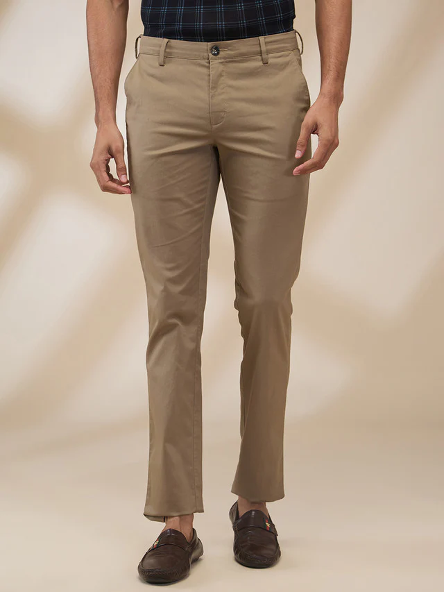 Colorplus Men Khaki Solid Slim Fit Cotton Blend Trouser