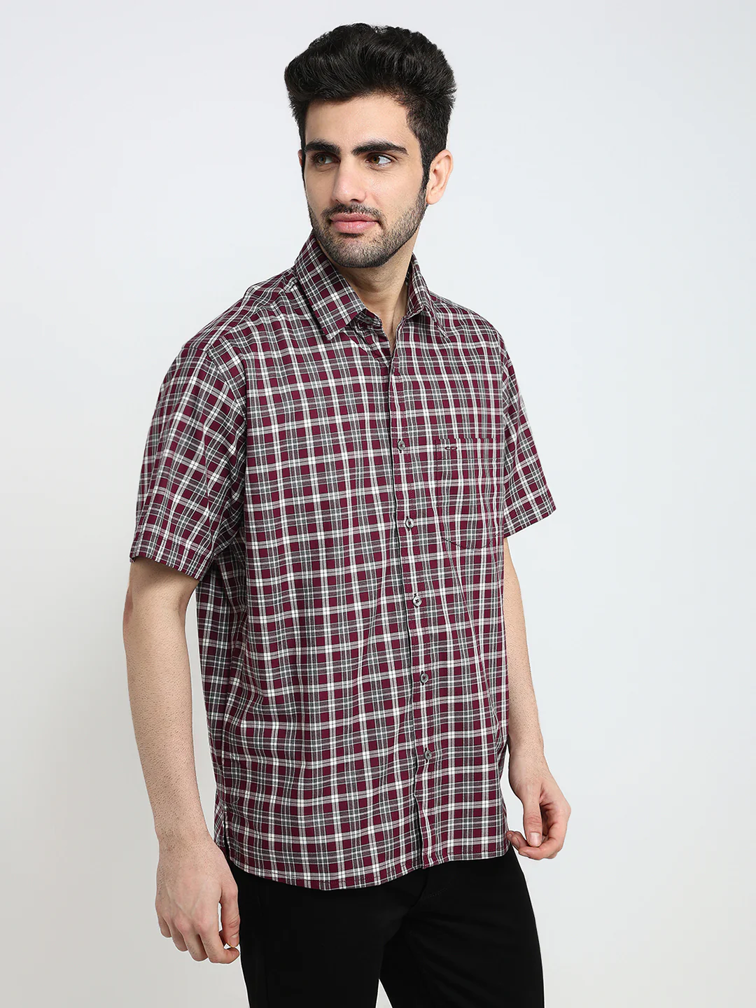 Colorplus Men Maroon Checks Comfort Fit Cotton Half Sleeve Casual Shirt - Image 3