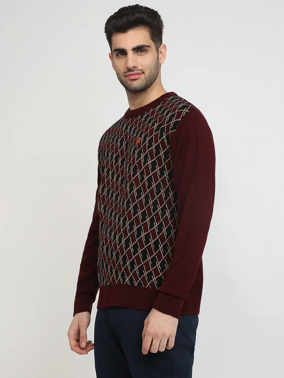 Colorplus Men Maroon Jacquard Regular Fit Acrylic Full Sleeve V Neck Collar Sweater - Image 2