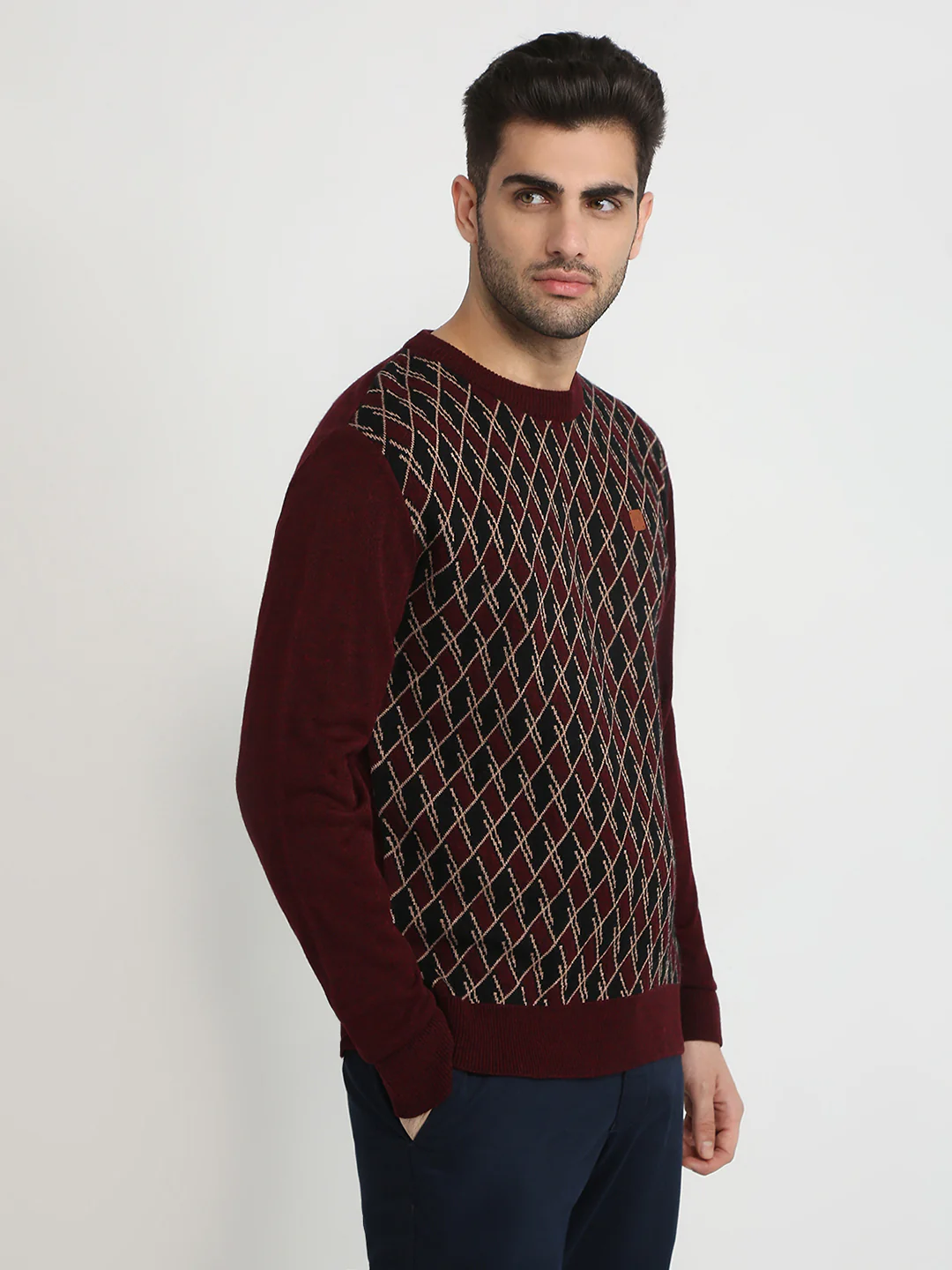 Colorplus Men Maroon Jacquard Regular Fit Acrylic Full Sleeve V Neck Collar Sweater - Image 3