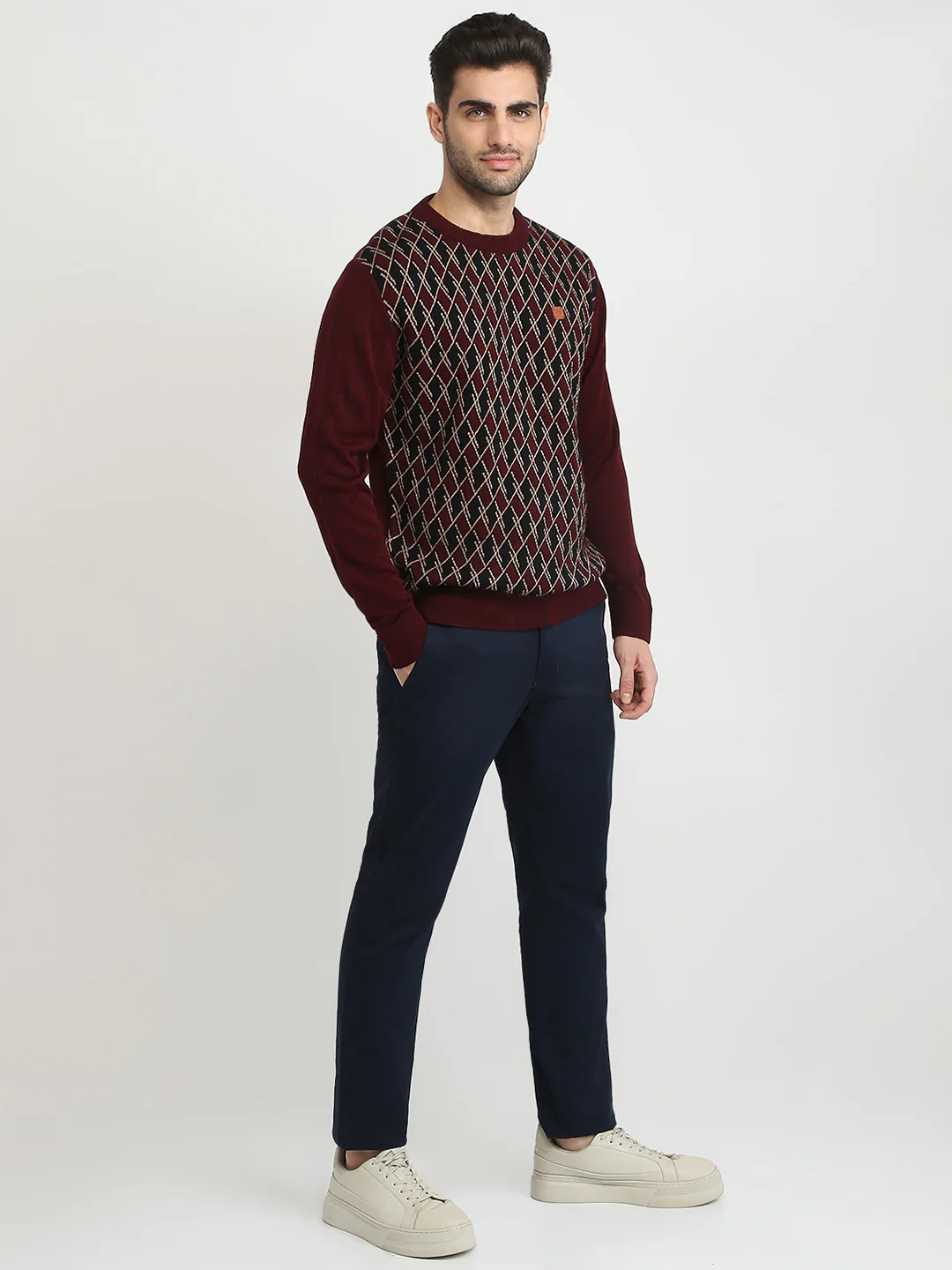 Colorplus Men Maroon Jacquard Regular Fit Acrylic Full Sleeve V Neck Collar Sweater - Image 5