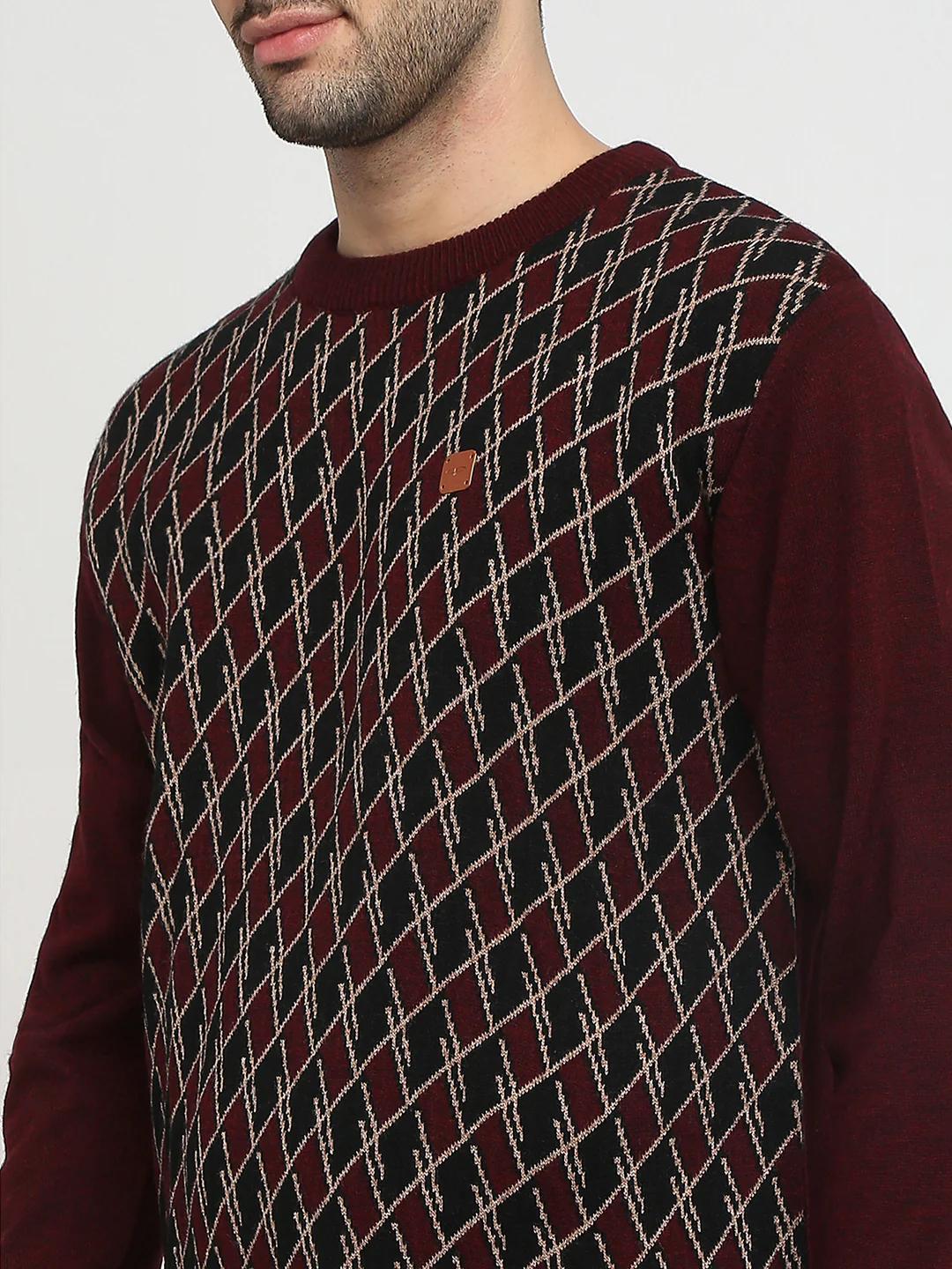 Colorplus Men Maroon Jacquard Regular Fit Acrylic Full Sleeve V Neck Collar Sweater - Image 6