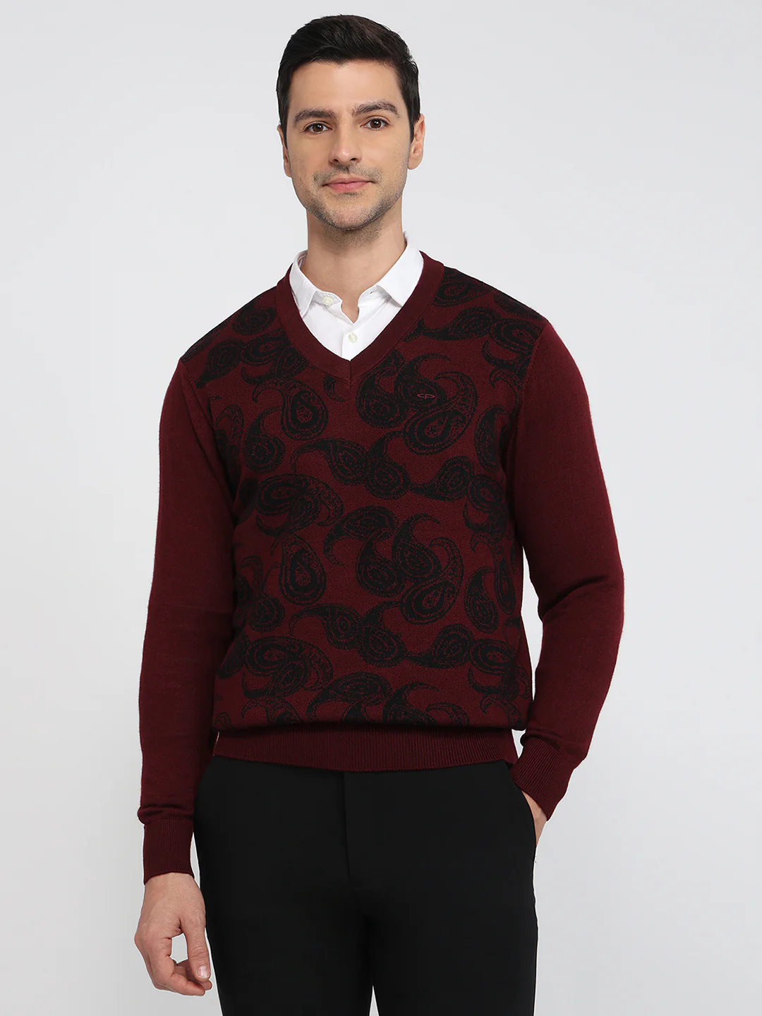 Colorplus Men Maroon Jacquard Regular Fit Wool Blend Sweatshirt