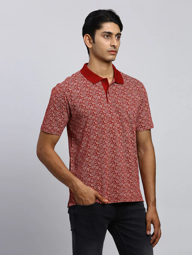Colorplus Men Maroon Printed Classic Fit Half Sleeve Polo Neck T-Shirt - Image 2