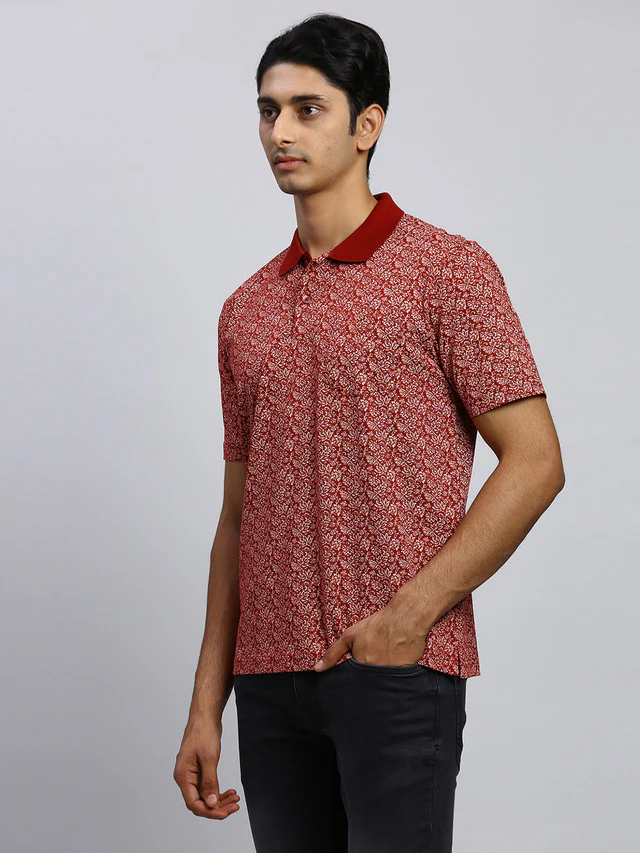 Colorplus Men Maroon Printed Classic Fit Half Sleeve Polo Neck T-Shirt - Image 3
