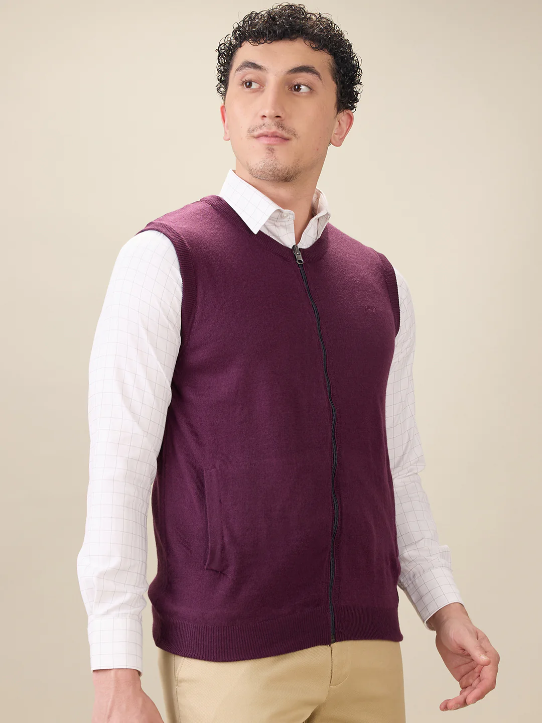 Colorplus Men Maroon Solid Regular Fit Acro Blend Sleeveless V Neck Collar Sweater - Image 2