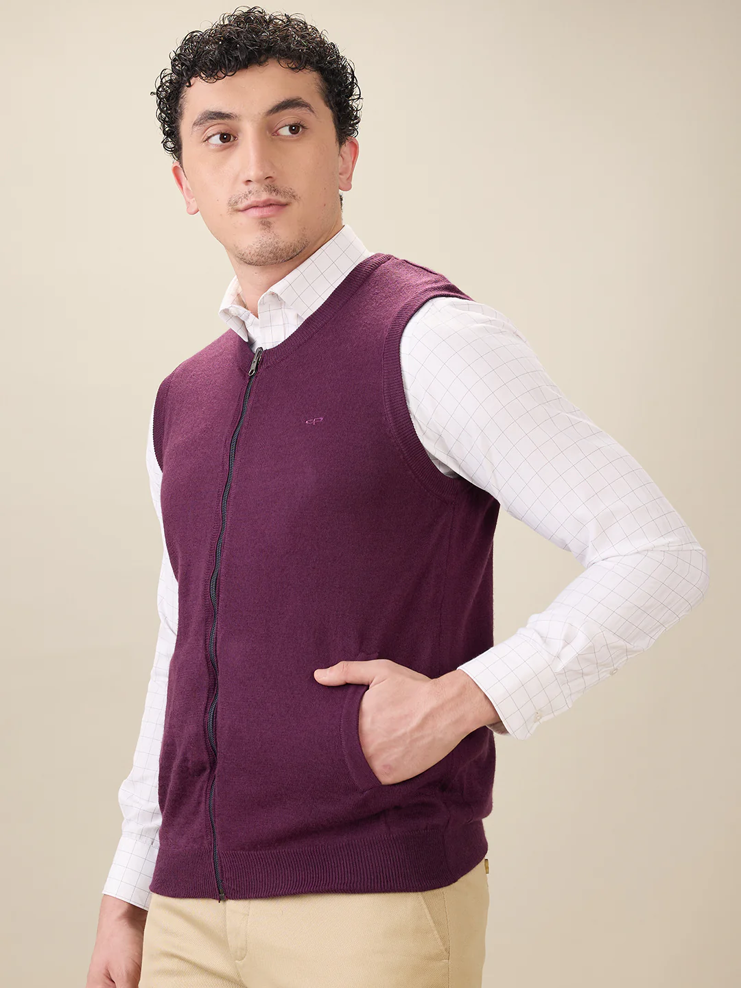 Colorplus Men Maroon Solid Regular Fit Acro Blend Sleeveless V Neck Collar Sweater - Image 3