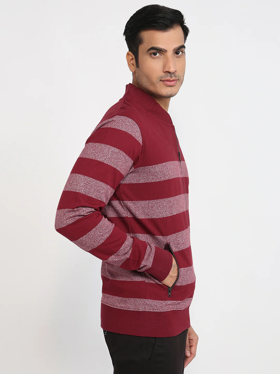 Colorplus Men Maroon Stripe Tailored Fit Cotton Sweatshirt - Image 3