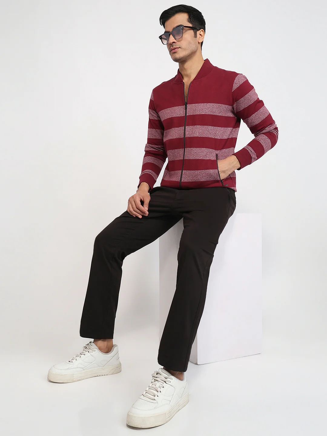 Colorplus Men Maroon Stripe Tailored Fit Cotton Sweatshirt - Image 5