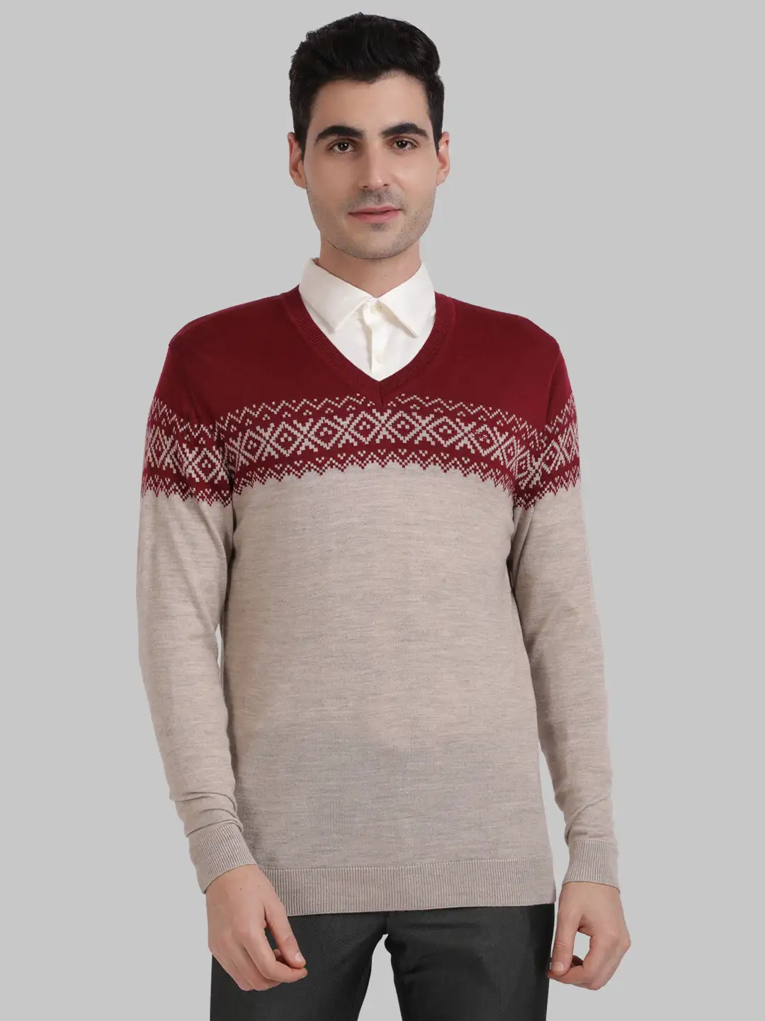 ColorPlus Men Maroon Tailored Fit Jacquard Cotton Full Sleeve V Neck Collar Sweaters