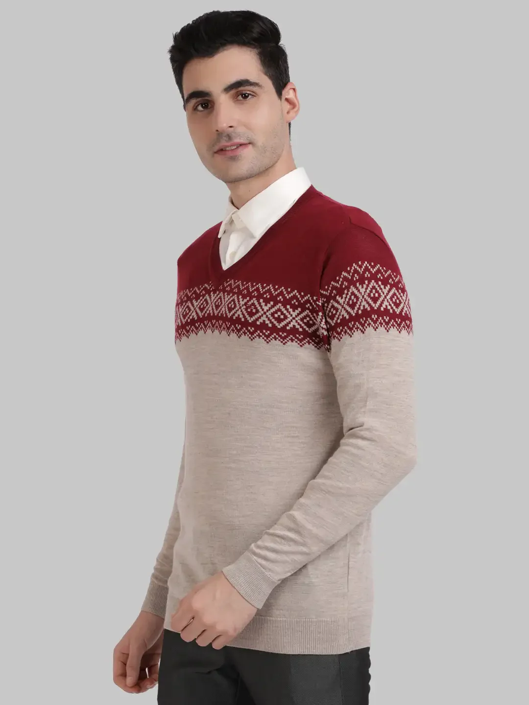 ColorPlus Men Maroon Tailored Fit Jacquard Cotton Full Sleeve V Neck Collar Sweaters - Image 3