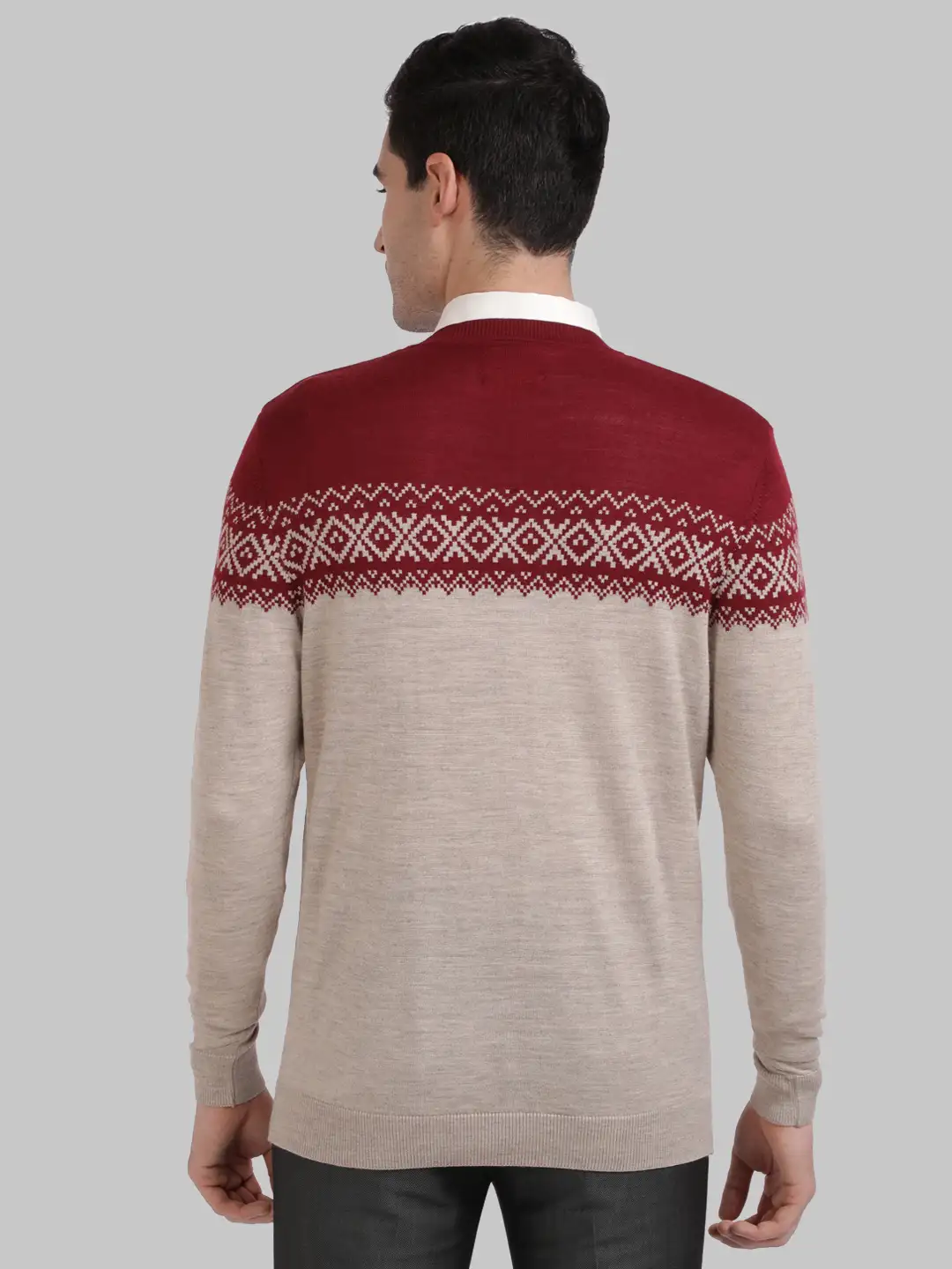 ColorPlus Men Maroon Tailored Fit Jacquard Cotton Full Sleeve V Neck Collar Sweaters - Image 4