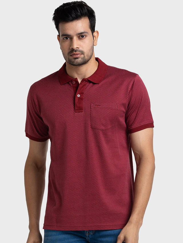 Colorplus Men Maroon Woven Design Tailored Fit Half Sleeve Polo Neck T-Shirt